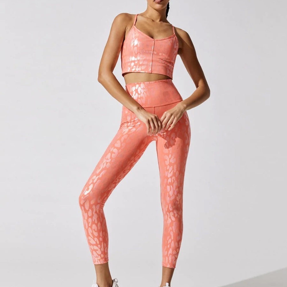 NWT Carbon 38 Pink Metallic Leopard Longline Bra and 7/8 Legging Set